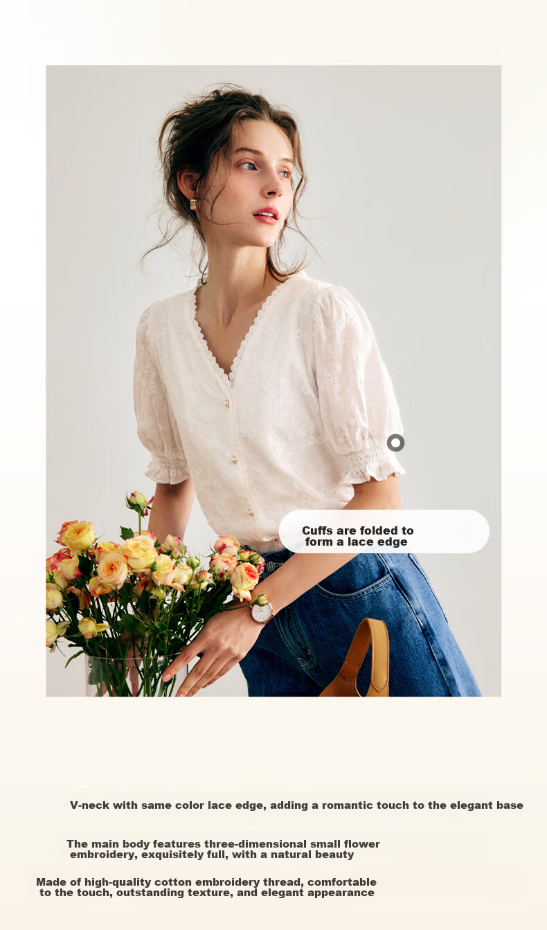 Olrain [Exquisite Small Flower Embroidery Lace Blouse], V-Neck Shirt, Summer Women's Top, Elegant Commuter Wear, White, M 6