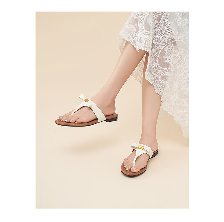 Le Saunda Fashion Genuine Leather Low Heel Outdoor Toe-Post Flip Flops 6M17901 Pear Blossom White OWL 38 3
