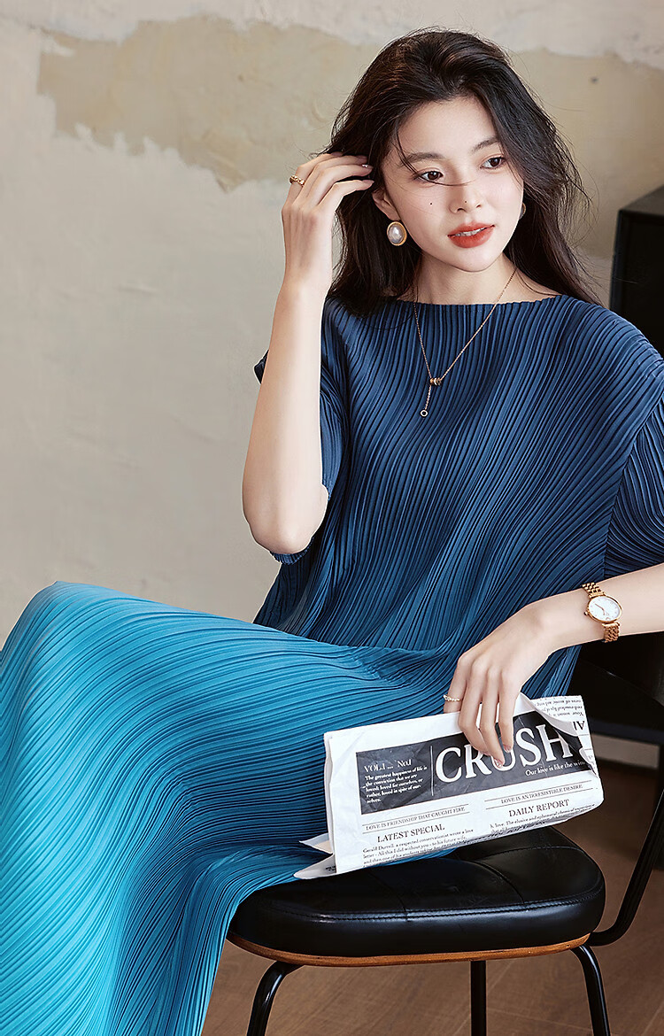 Demana "Flowing Years" Summer Elegant Textured Gradient Print Crinkled Straight-Cut Petite Chic Women's Dress 14