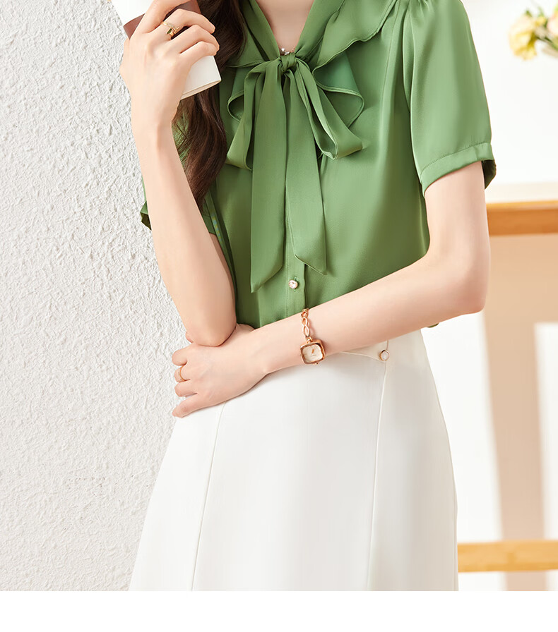 Jeanswest Women's Short-Sleeve Shirt, Summer 2026 Blouse, Fashionable French Chic Chiffon Top, Green, Size S 11