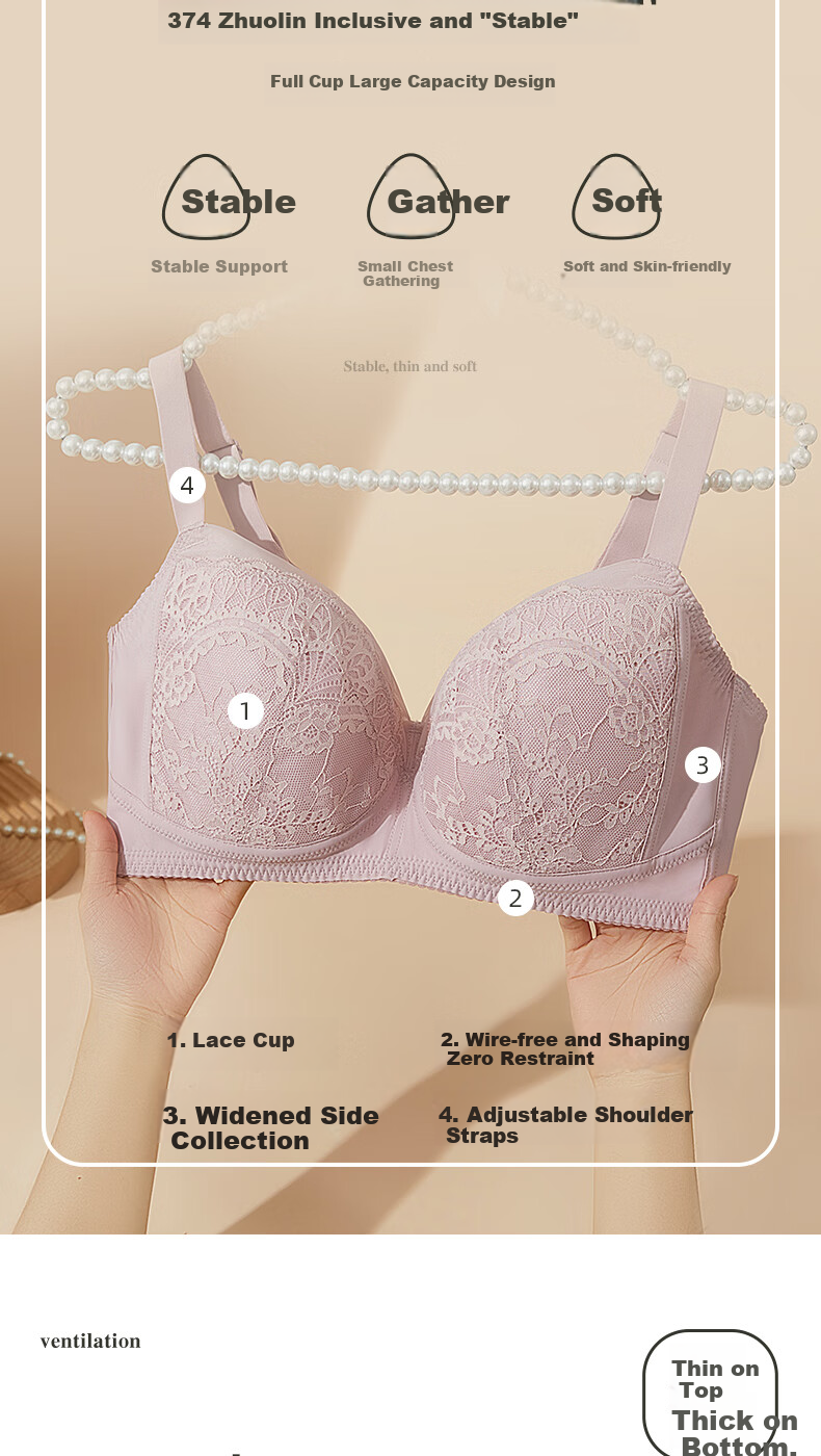 GUJIN Women's Wireless Bra, Minimizing for Large Breasts, Side Support And Gathering, Cotton Fabric, Skin-Friendly, Breathable, Sexy Lace Brassiere 2