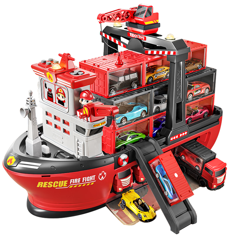AoZhiJia Children's Toys for Boys Aged 3-6, Large Fire Truck Toy Car with Wheels, Ship, Truck, Container Gift Box, Birthday Present
