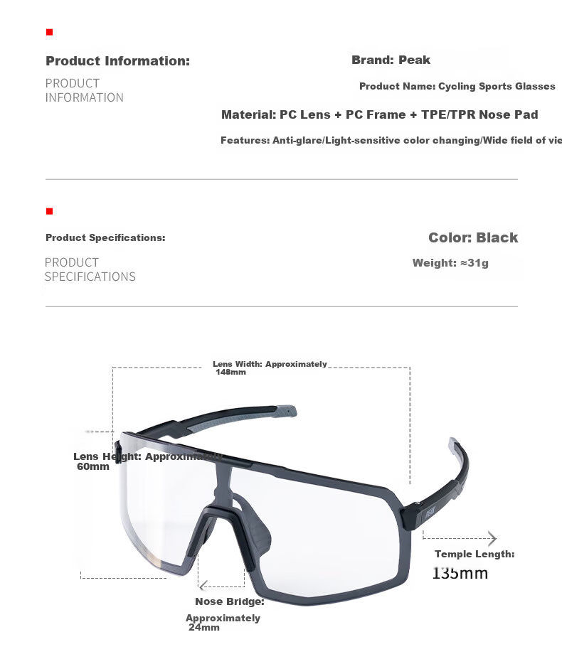 PEAK Cycling Glasses with Photochromic Lenses for Nearsighted Men And Women, Outdoor Sports Running Bicycle Windproof Sandproof Day And Night Dual-Use Goggles 9