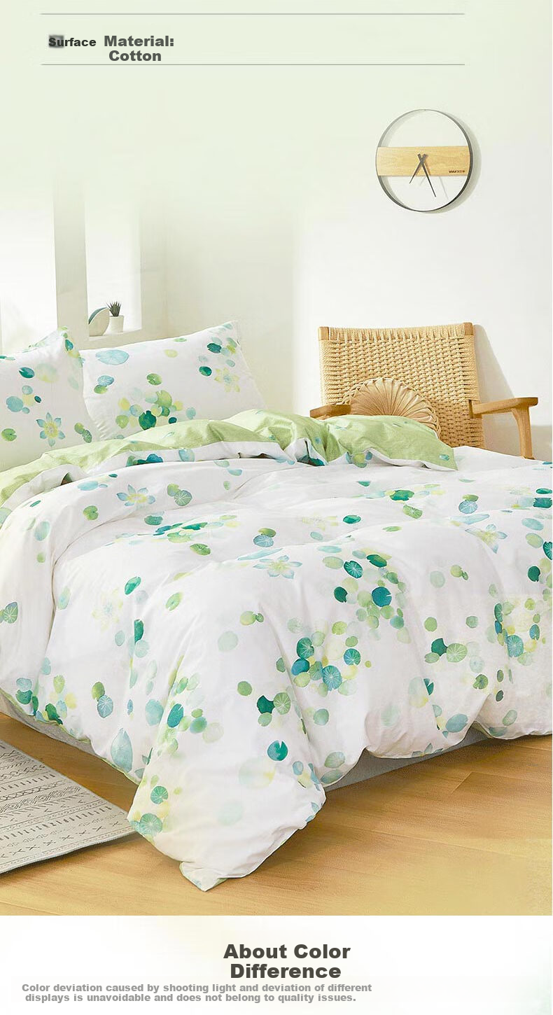 Hengyuanxiang Pure Cotton Four-Piece Bedding Set, Antibacterial Printed Ultra-Soft Skin-Friendly Bedding (Duvet Cover 2.2*2.4m), Good Luck Lotus White 10