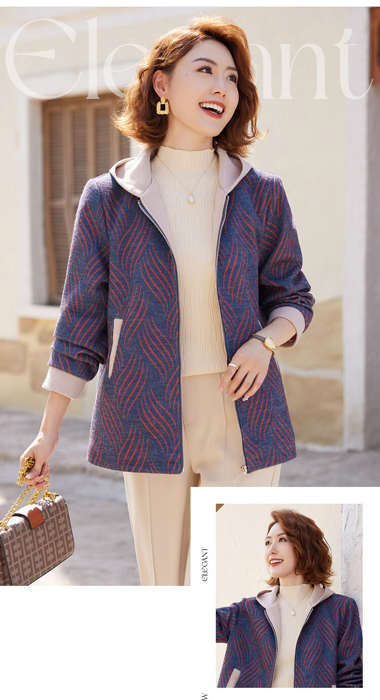 Past Classic Zipper Women's Warm Jacket Hooded Coat for Middle-aged and Elderly Women Autumn Winter Red L 3