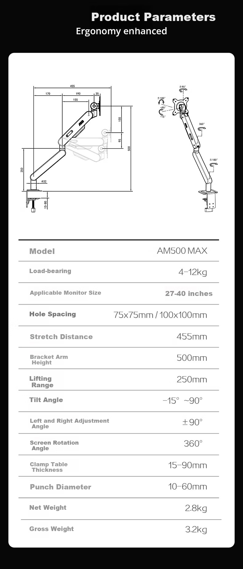 AOC Monitor Stand, Desktop Adjustable Monitor Arm, Rotating Computer Stand, Screen Support, Home Office Computer Mount, AM500MAX (Black) 12