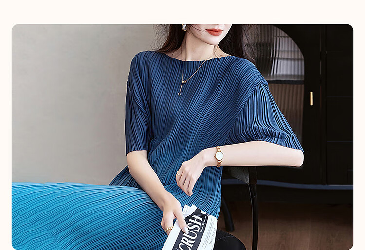 Demana "Flowing Years" Summer Elegant Textured Gradient Print Crinkled Straight-Cut Petite Chic Women's Dress 5