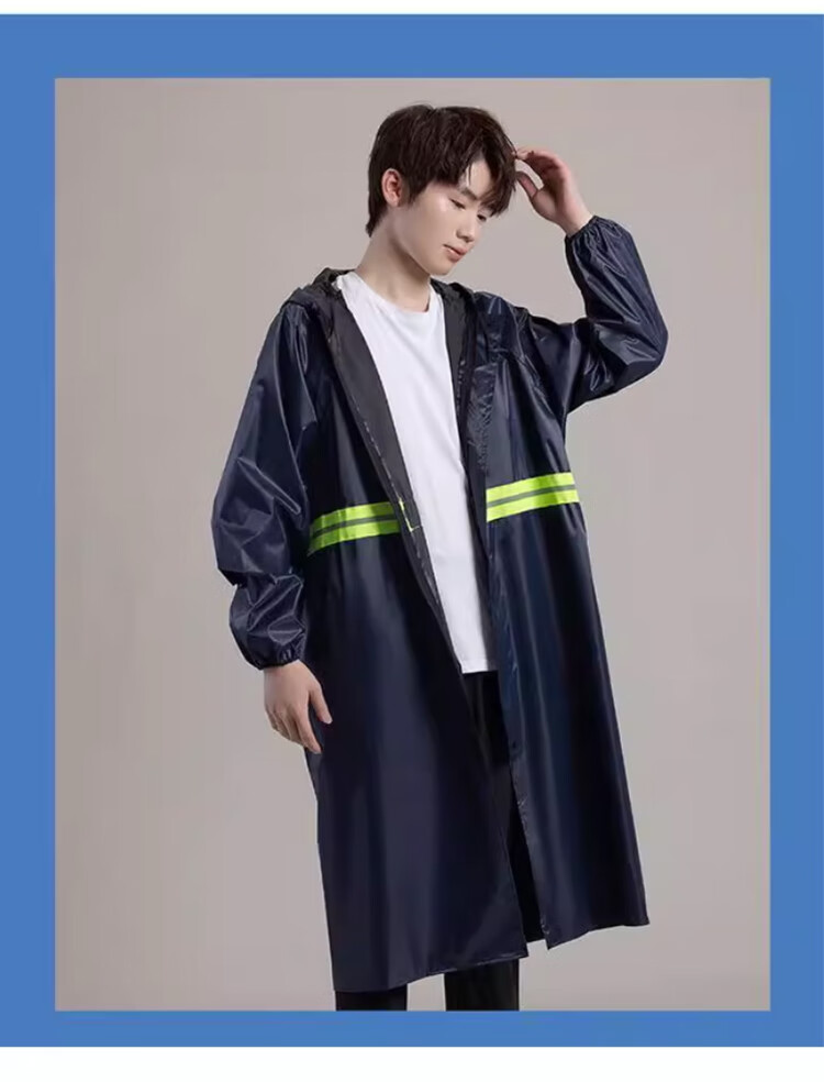 Mashifu One-Piece Long Raincoat, Thickened Oxford Fabric Heavy Rain Protection Workwear Raincoat, Outdoor Patrol Reflective Strip Long Rain Poncho [Front And Back Reflective Strips], Zipper Style Navy Blue, One Size Fits All 4