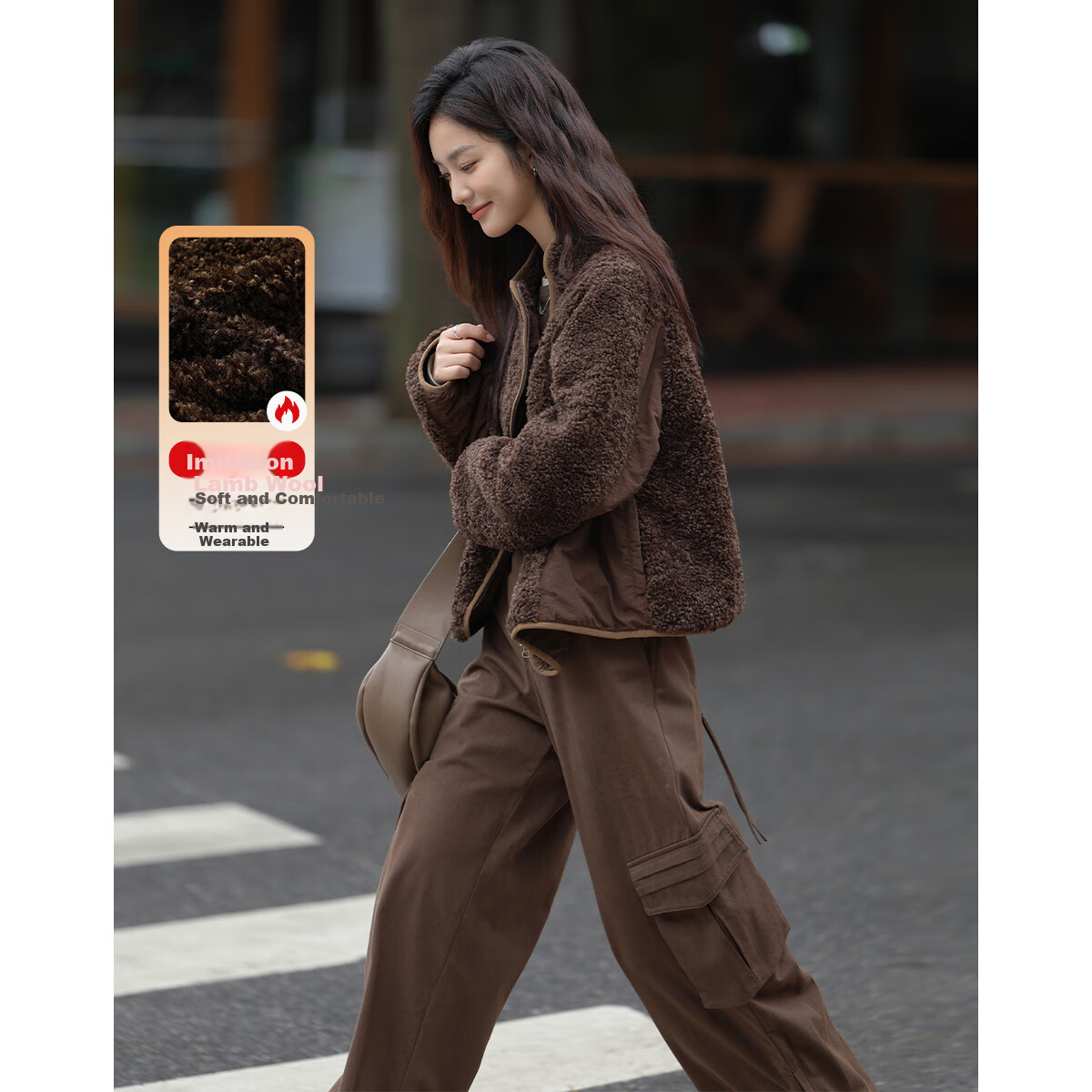 Dme Vintage Plush Jacket Autumn And Winter Style Irregular Arc Zipper Faux Sherpa Coat for Women Coffee Color L