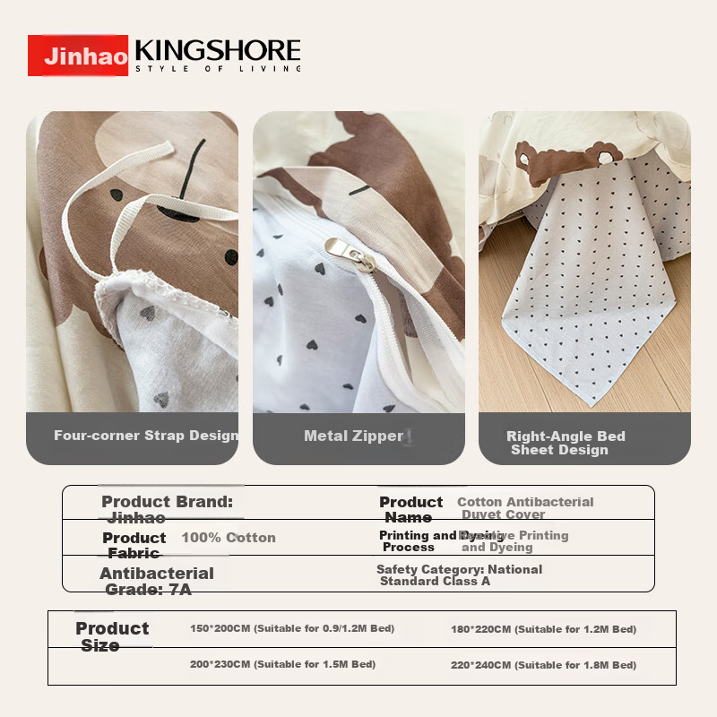 KING SHORE Class A Pure Cotton Duvet Cover, 7A Antibacterial And Anti-Mite, 100% Cotton Quilt Cover, Suitable for Double Bed 220*240cm, Paopao Bear