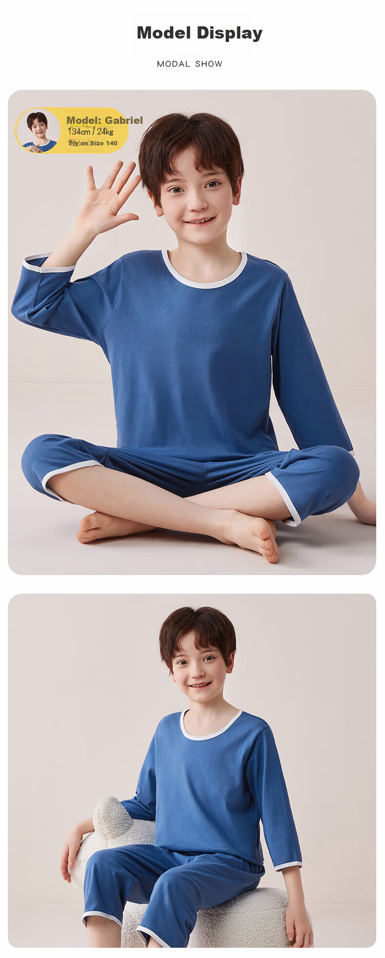 MiiOW Children's Pajamas for Boys, Summer Pure Cotton Sleepwear for Older Kids, Three-Quarter Sleeve Home Wear Set, Light Blue, Size 170 6