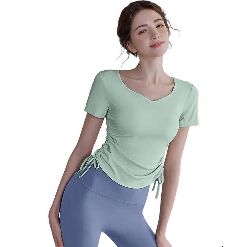 XUEXIMAN Yoga Top Short Sleeve Women's High-Elasticity Pleated Slim-Fit Pilates Sports Quick-Dry T-Shirt Fitness Wear Summer