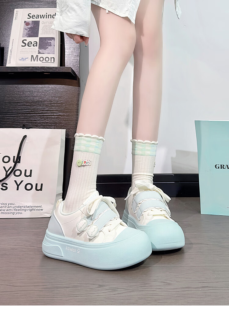 RENBEN Cute Velcro White Sneakers for Women, Popular Chunky Shoes, Versatile Canvas Shoes, White (Leather Surface), Size 40 47