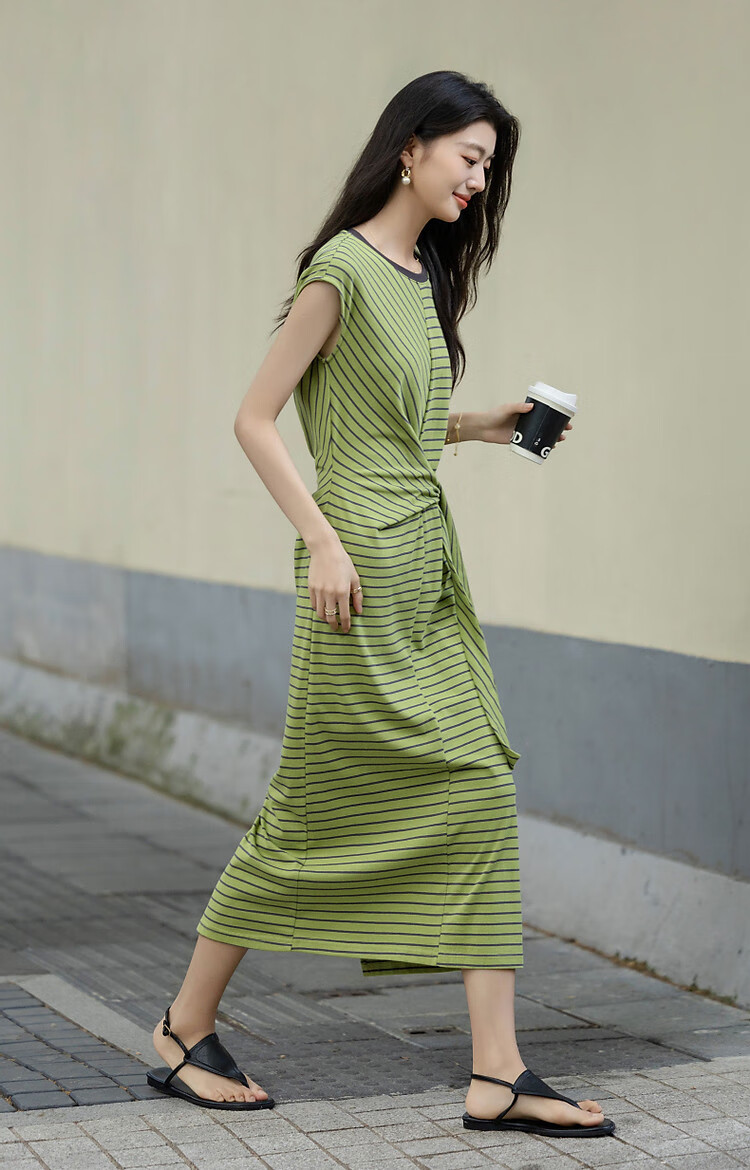 Dme [Skin-friendly Cloud Oxygen Cotton] Summer Color-block Crew Neck Side Tie Waist Cover Sleeve Striped Knit Women's Dress 11