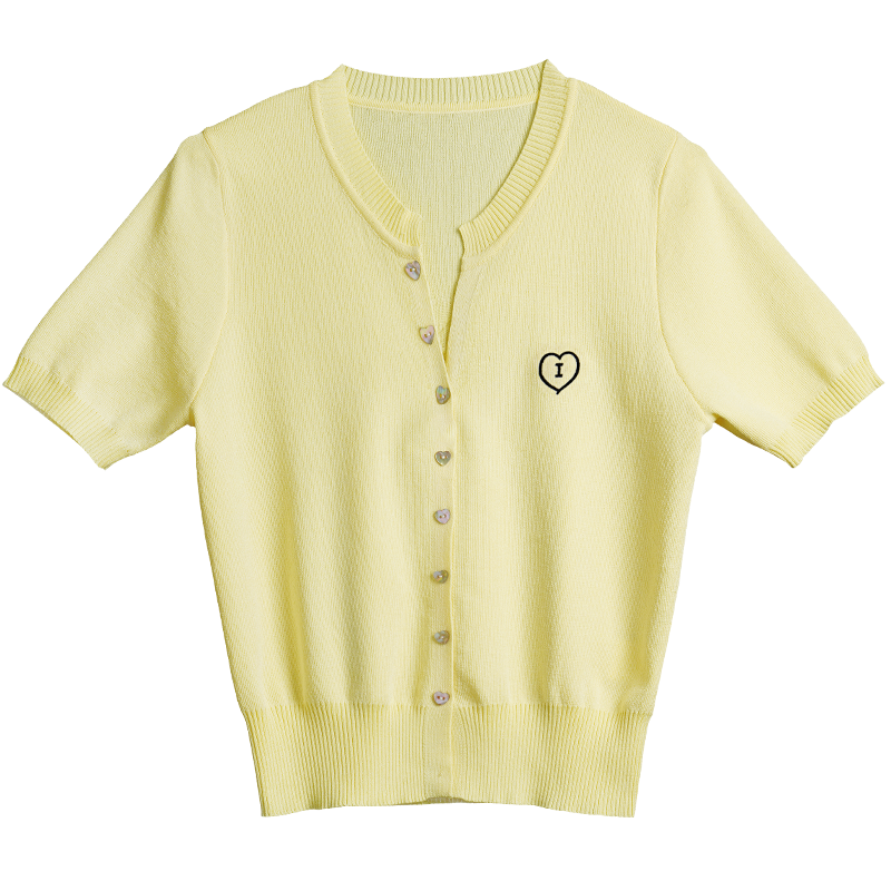 Olrain Heart Embroidered Knit Cardigan Women's Summer V-Neck Short Sleeve Top Yellow XL