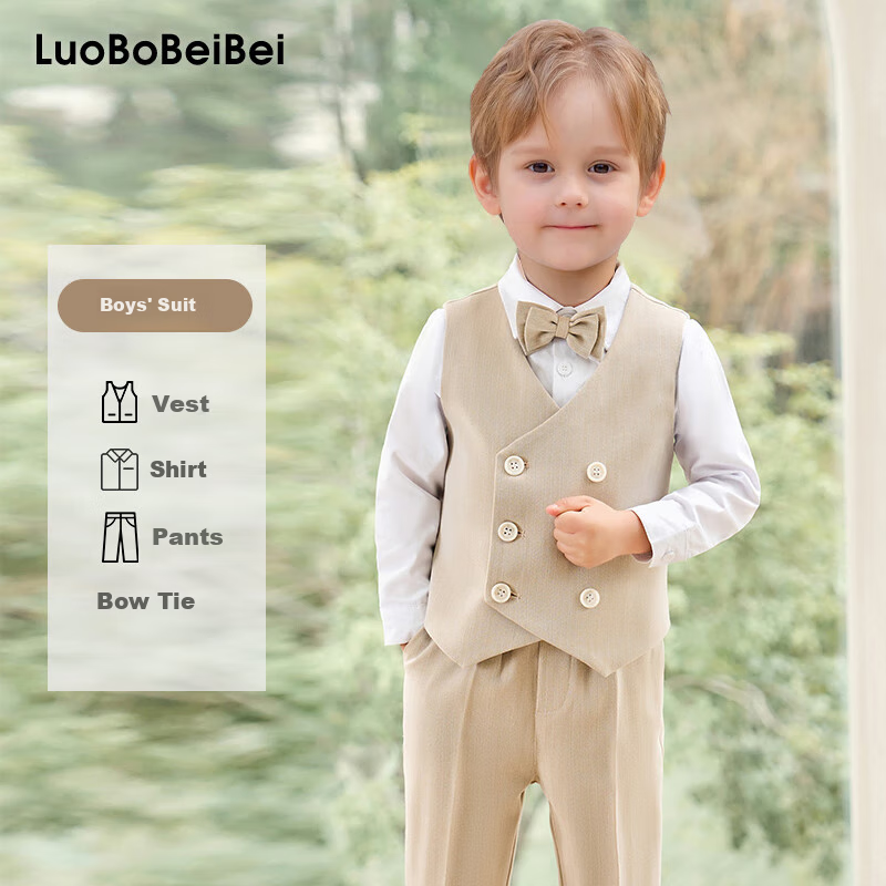 LUOBOBEIBEI Children's Formal Wear British-Style Vest Set, Boys' Flower Boy Wedding And New Year Outfit, Khaki Long-Sleeve Four-Piece Set, Size 150