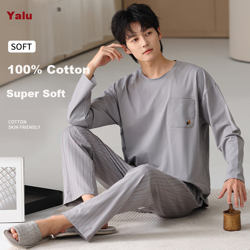 Yalu Мужская пижама из 100% хлопка, весенне-летний тонкий комплект с длинным рукавом и брюками, можно носить дома и на улице