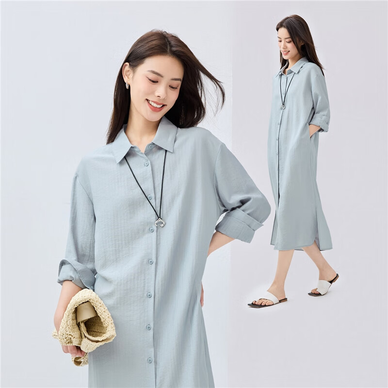 Giordano Women's Dress, 2026 Spring New Style, Side Slit with Subtle Stripes, Long-Sleeve Shirt Dress for Women, 05465070