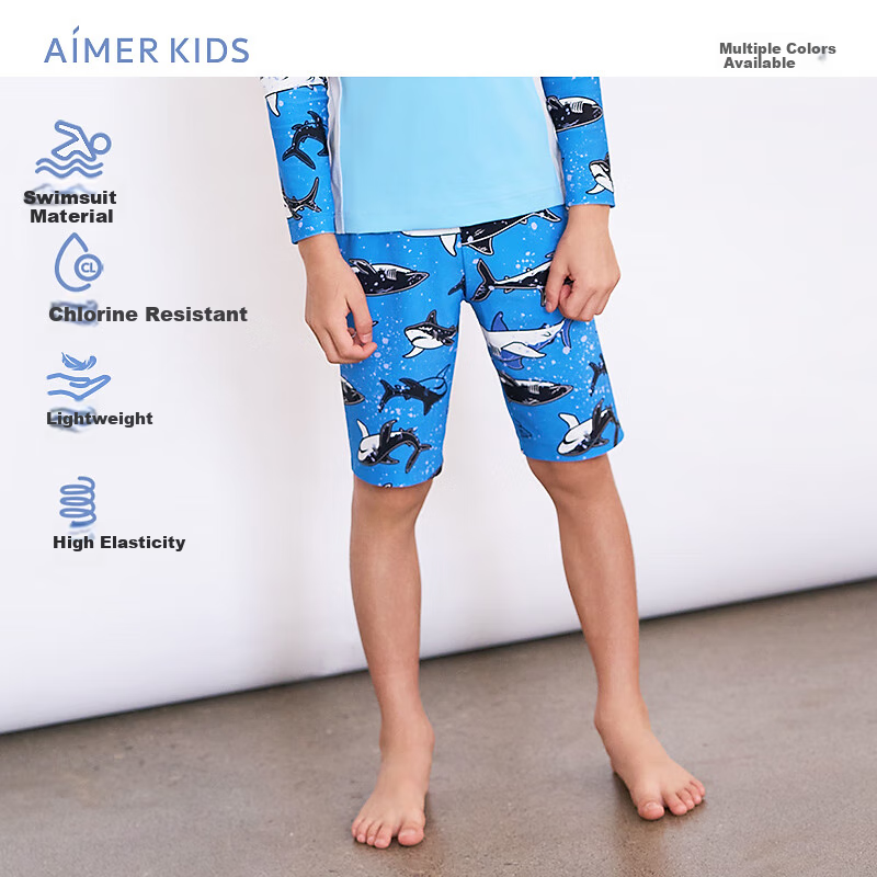 Детский купальник AIMER KIDS, цельный, с защитой от хлора, для пляжа и бассейна, дизайн "Акула", с шапочкой, размер 130