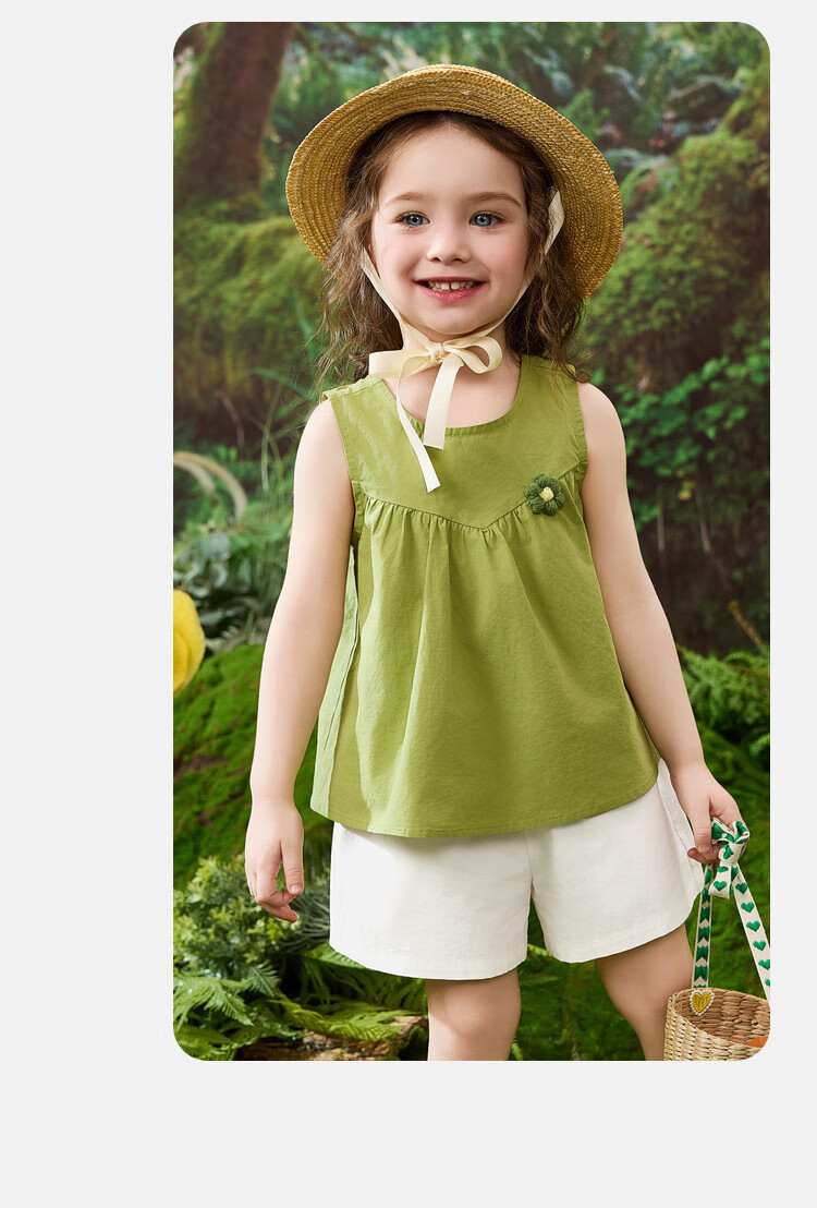 ASK JUNIOR Children's Summer Set, Sleeveless Vest Top for Young Kids, Casual Shorts, Forest-Style Girls' Pure Cotton Two-Piece Outfit, Green, Size 130 5