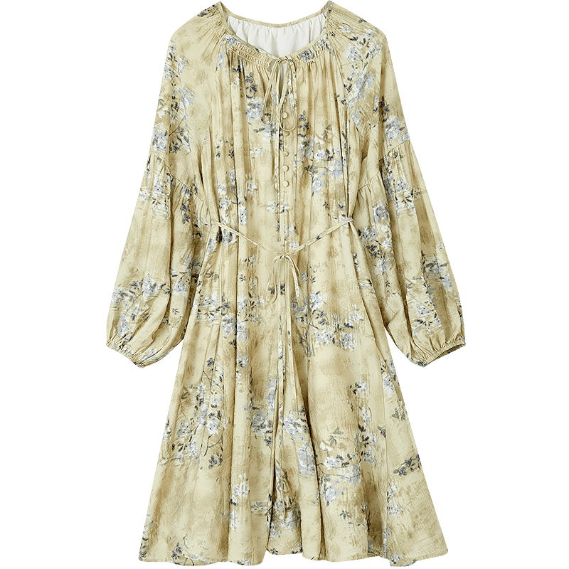 Dme [Chengye Manlv] Spring And Autumn Romantic Drawstring V-Neck Printed Lantern Sleeve Loose Waist Bag Buckle Women's Dress
