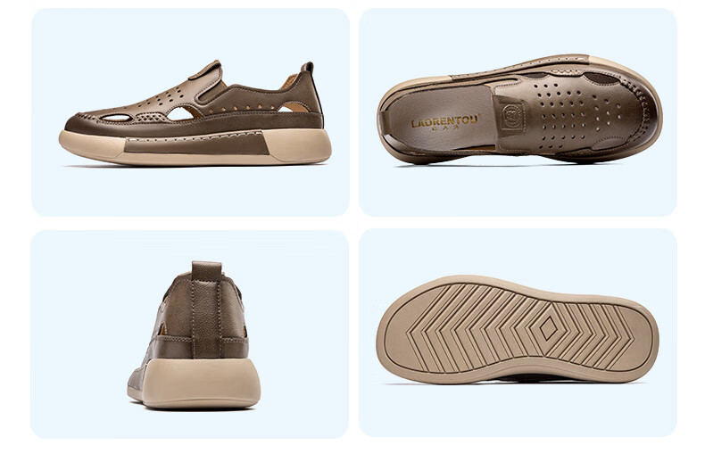 LAORENTOU Men's Summer Closed-Toe Outdoor Casual Beach Sandals Non-Slip Hollow Leather Sandals LL193 Khaki Size 38 12