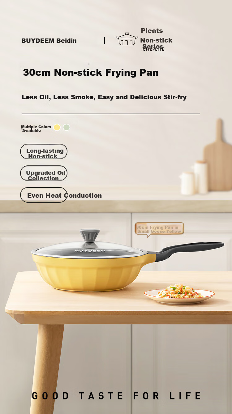 Buydeem 30cm Non-Stick Wok, Frying Pan, Flat Bottom Pan, Stir-Fry Pan, Light Smoke Oil-Gathering Small Yellow Pan, Compatible with Induction And Gas Stoves 2
