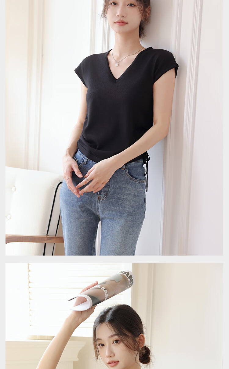Langsha Women's Striped Short Sleeve T-Shirt Summer New Slim V-Neck Drawstring Top Simple Fashion Ice Silk Knitwear 12