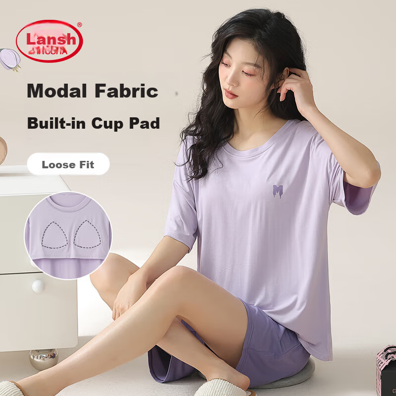 LangSha Women's Pajamas with Built-In Bra Pads, Modal-Like Ice Silk Short Sleeves And Shorts, Summer Loungewear Suitable for Outdoor Wear, Cool-Feeling Home Wear