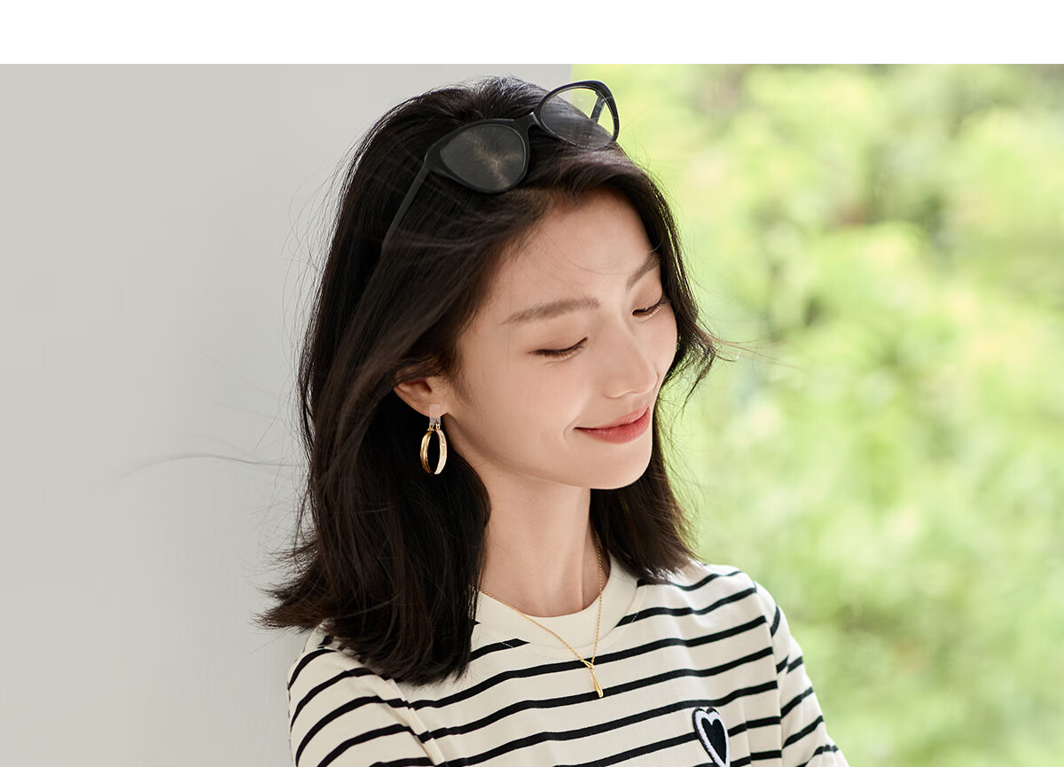 Chushen Summer Short-Sleeve T-Shirt for Women, Fashionable Versatile Round Neck Heart Logo Striped Pure Cotton Half-Sleeve Top S13KT1172 18