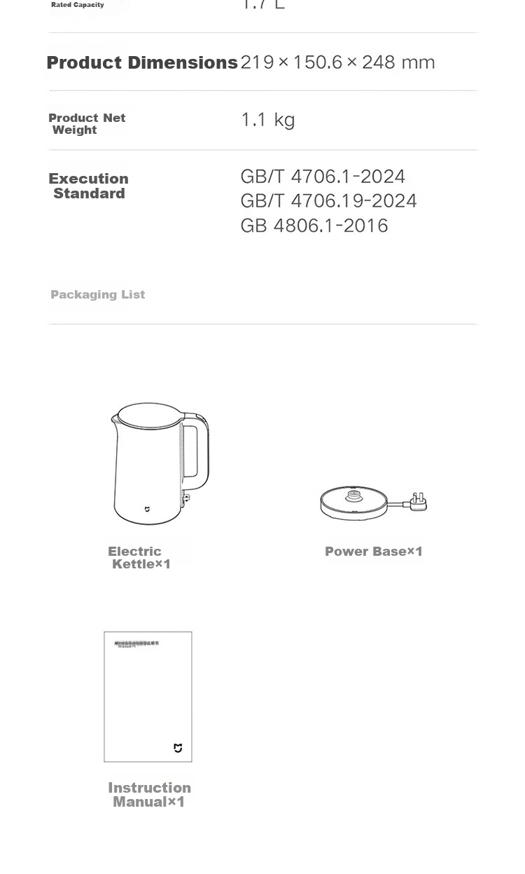 Mijia Xiaomi Electric Kettle, 316L Stainless Steel Inner Tank for Mother And Baby Use, Household Water Boiler, 1.7L Capacity, 1800W Rapid Heating 10