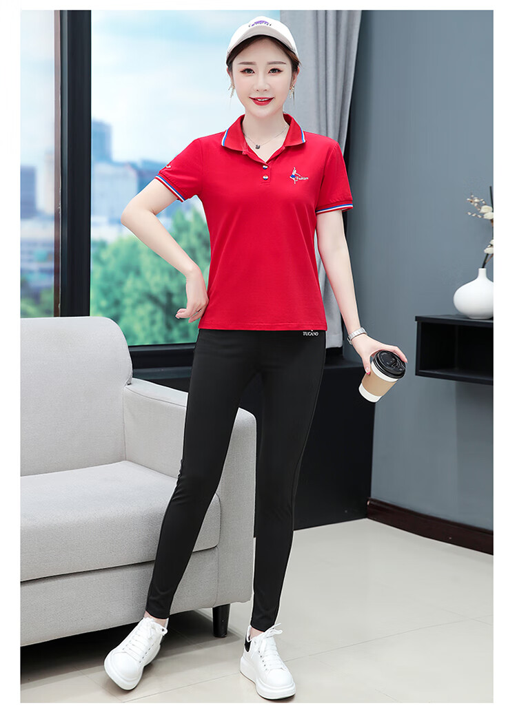 Woodpecker Women's Pure Cotton Short Sleeve T-Shirt Summer Printed Slim Fit Shoulder Polo Shirt Red XL 17