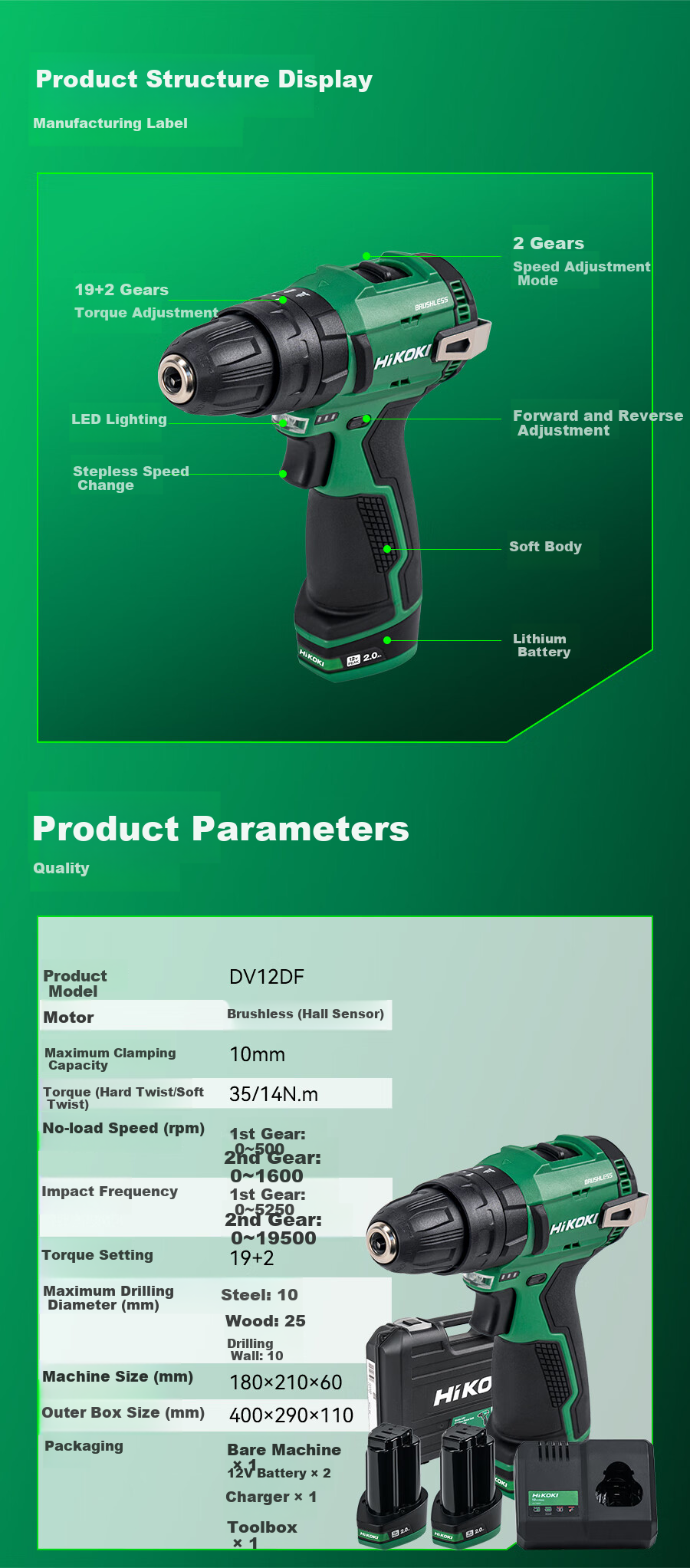 HiKOKI Original Hitachi Lithium-Ion Drill DS12DF, Brushless Electric Drill, Cordless Power Screwdriver 12
