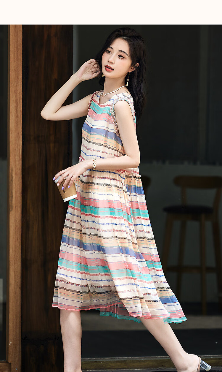 Dme [Independent Rose] Summer Vacation Style Mulberry Silk Striped Sleeveless Dress for Wome 7