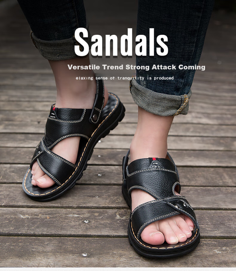 MEXICAN Top-Grain Leather Sandals for Men, Beach Shoes, Men's Slippers, Hollow-Out Casual Men's Shoes, Black, Size 43 2