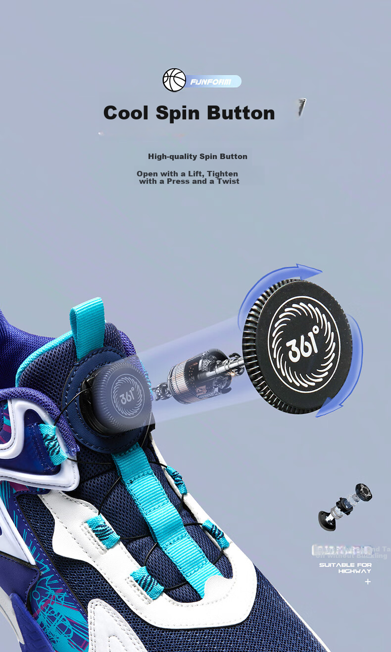 361° Children's Sports Shoes, All-Season Youth Basketball Shoes, Durable Training Sneakers with Rotary Buckle, Blue, Size 35 7