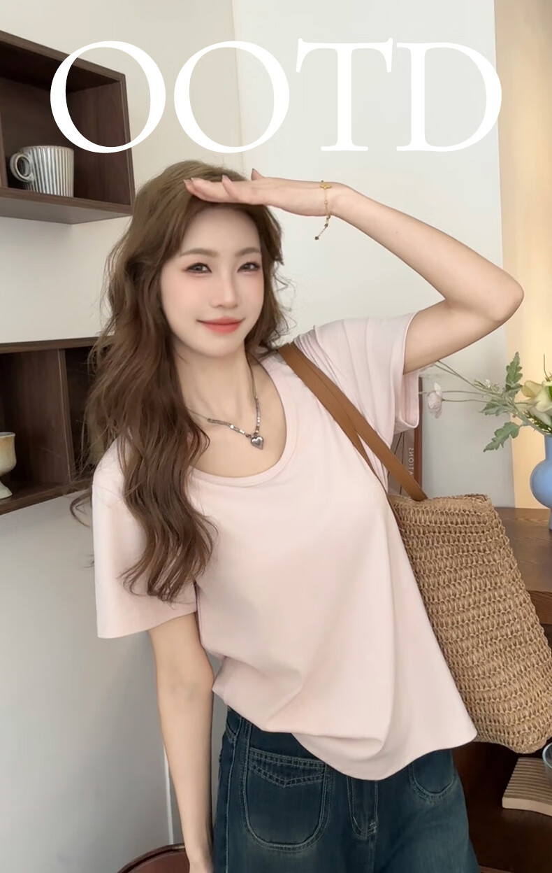 Ziyouxi Women's Cotton Short Sleeve T-Shirt 2025 New Pink U-Neck Loose Summer Casual Solid Color Relaxed Fit 5