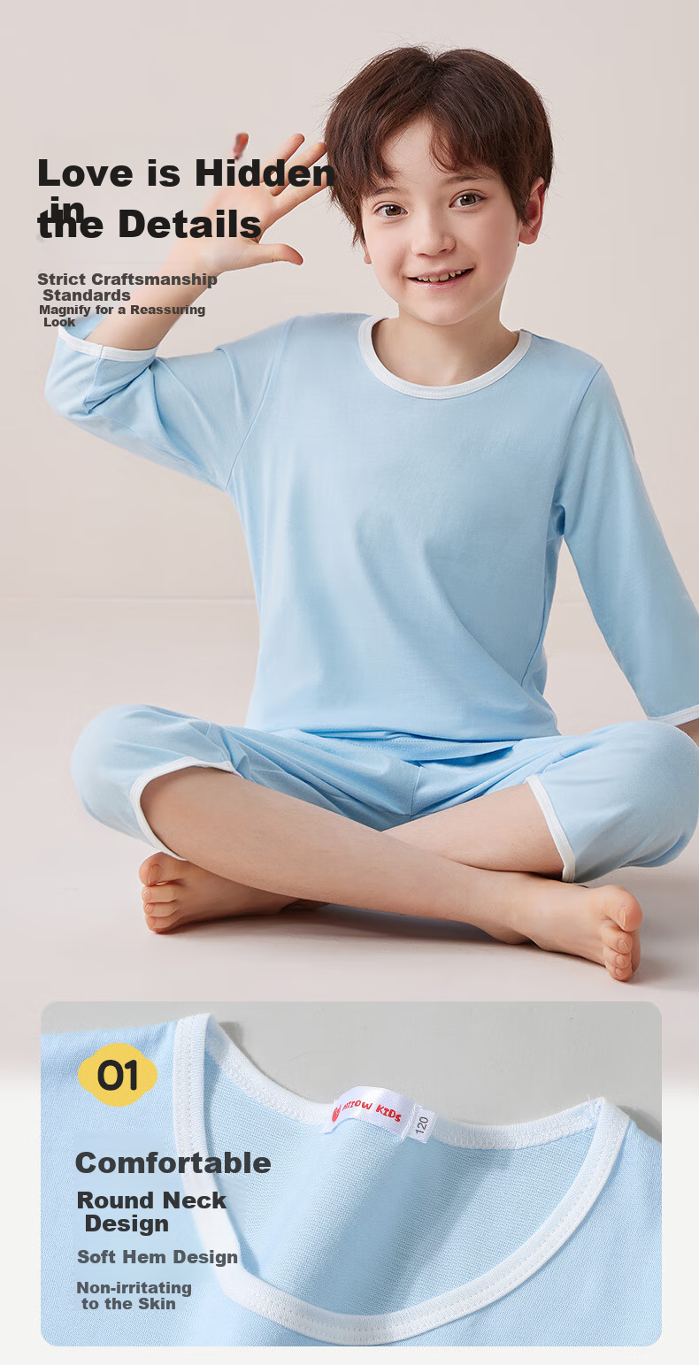 MiiOW Children's Pajamas for Boys, Summer Pure Cotton Sleepwear for Older Kids, Three-Quarter Sleeve Home Wear Set, Light Blue, Size 170 4