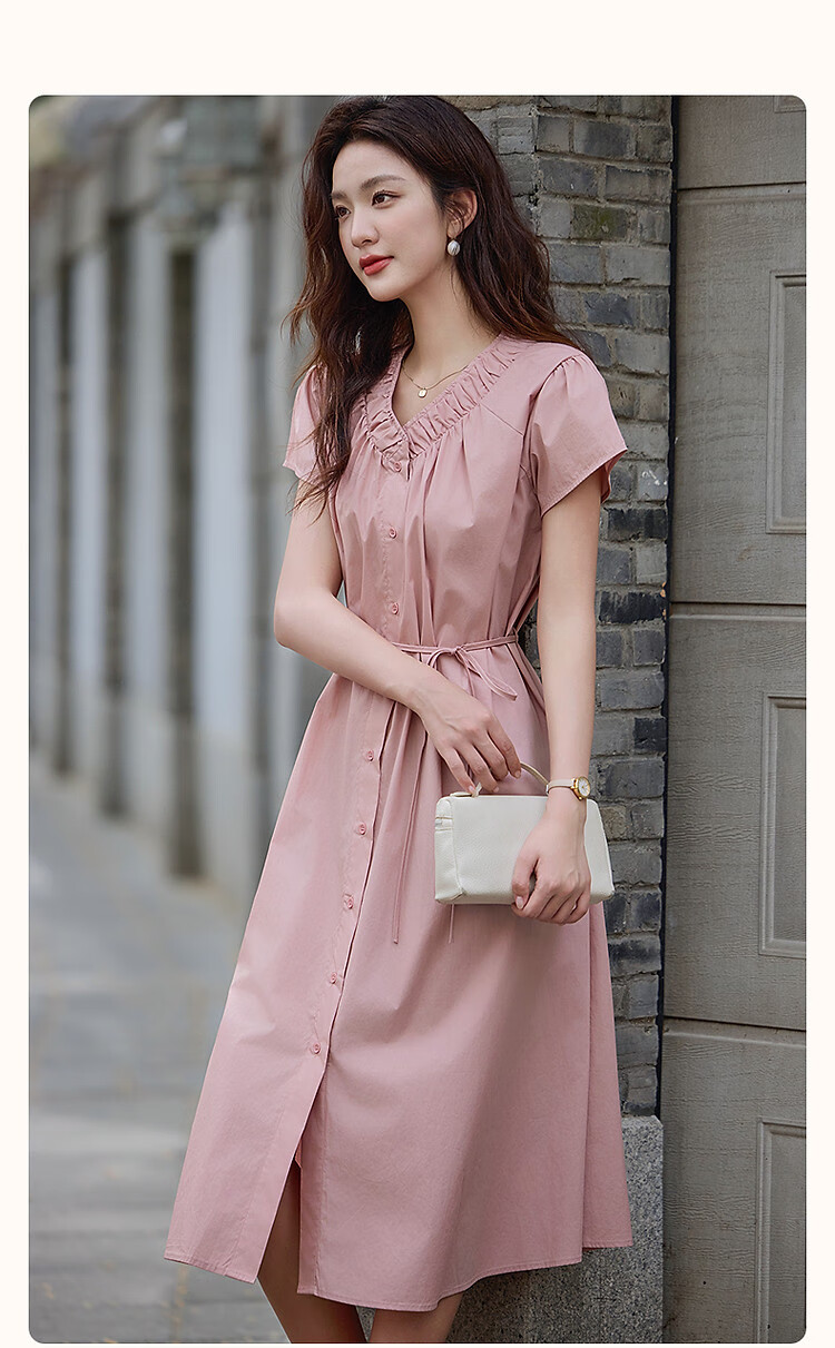 Dme [Shujie Meixue] Summer Lightweight 50-Count High-Density Silk V-Neck Tie-Up Short-Sleeve Loose Women's Dress 1