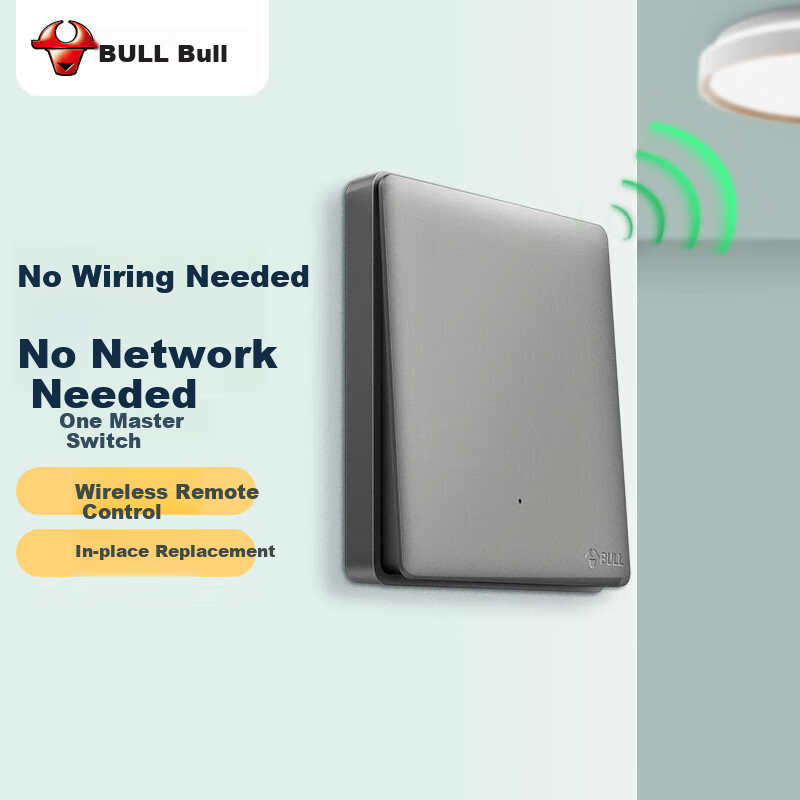 BULL Switch Socket, Wireless Remote Control Switch, Single-Pole Single-Throw Switch, Dual-Control Multi-Control, No Wiring Modification Required, Q111 Gray