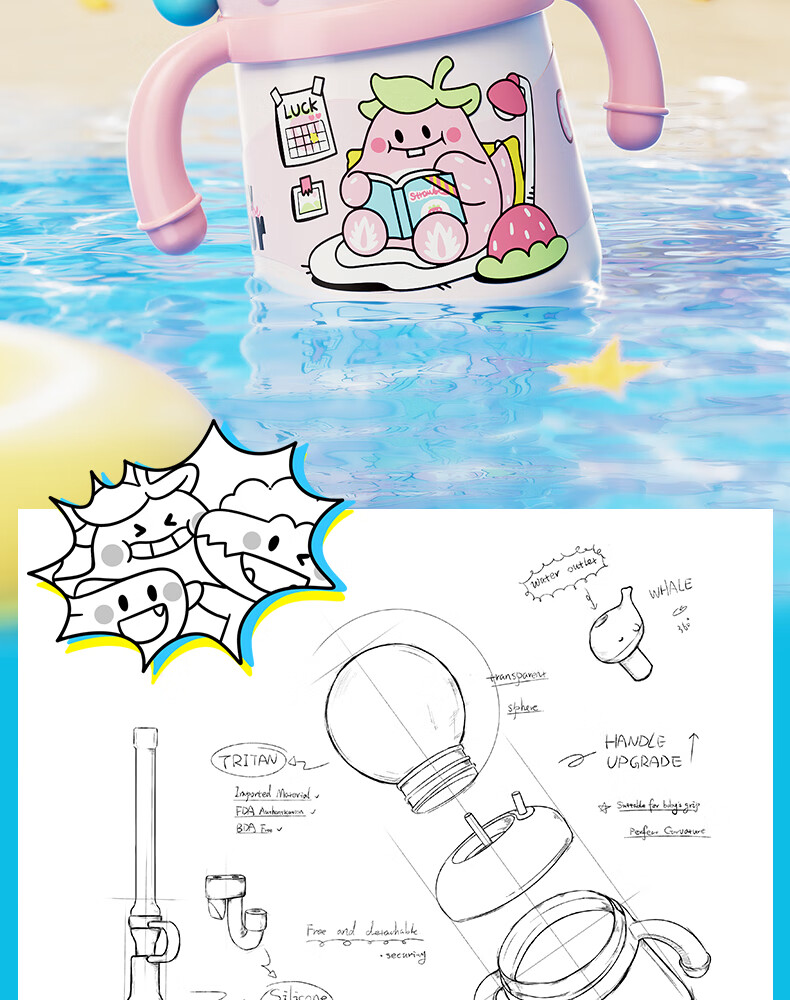 Comobebe Kids Insulated Water Bottle Whale Spray Cup Girls Cute Straw Cup Baby School Use 2