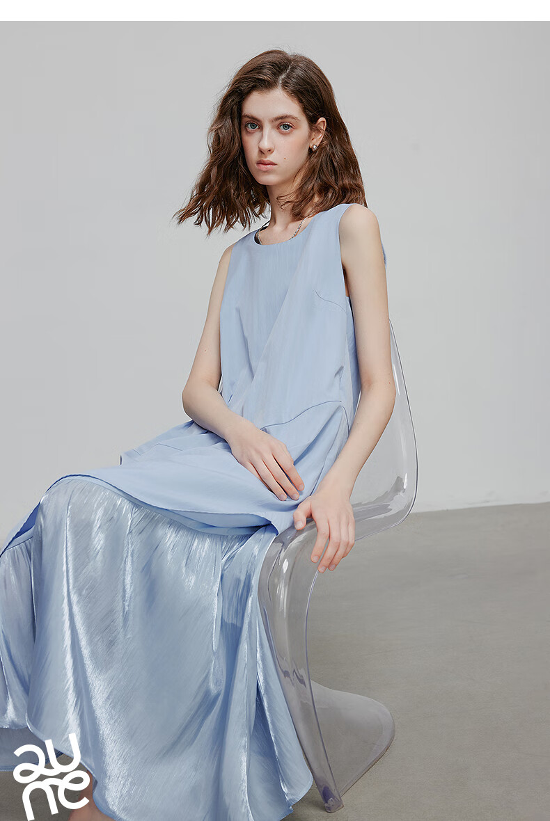 Chuyu Oxygen Sensation Dress for Women, 2025 Summer New Vacation Style Patchwork Faux Two-Piece Vest Dress, Sky Blue, S 13