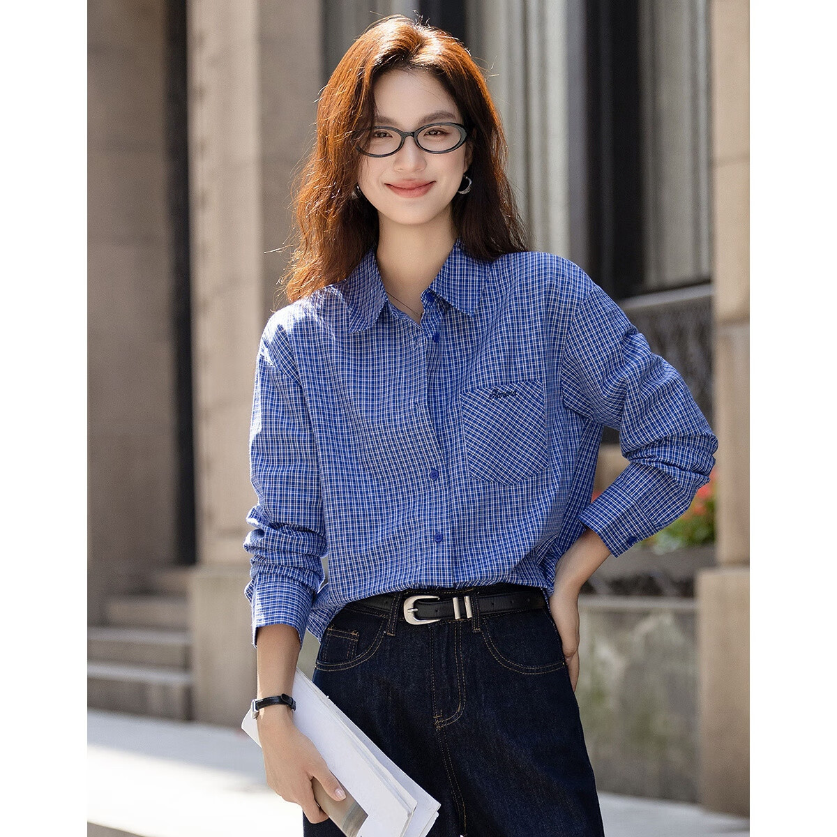 Demana Natural Cotton Autumn Smart Retro Plaid Shirt Loose Fit Petite Elegant Women's Blouse