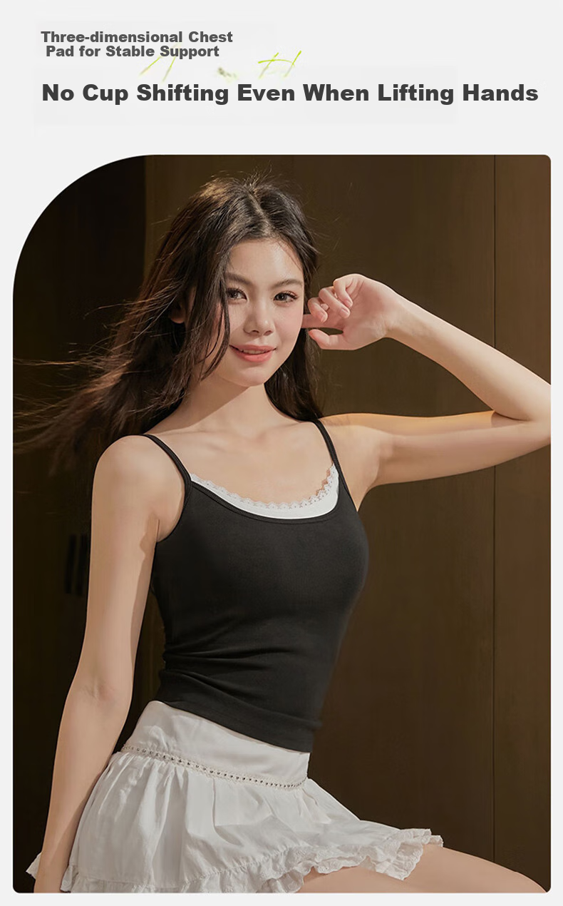 MiiOW Women's Camisole Tank Top for Summer, Sweet And Sexy Two-Piece Design, Black And White Inner Layer with Chest Pads, Conceals Side Boob, Can Be Worn As Outerwear Or Undershirt 6