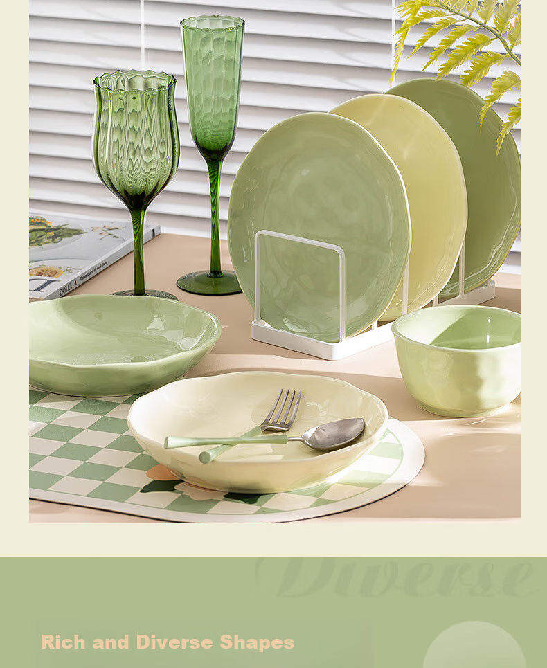 KANGMO New Home Cream Style Ceramic Dinnerware Set, Moving Gift, 26-Piece Yellow And Green Tableware Set 11