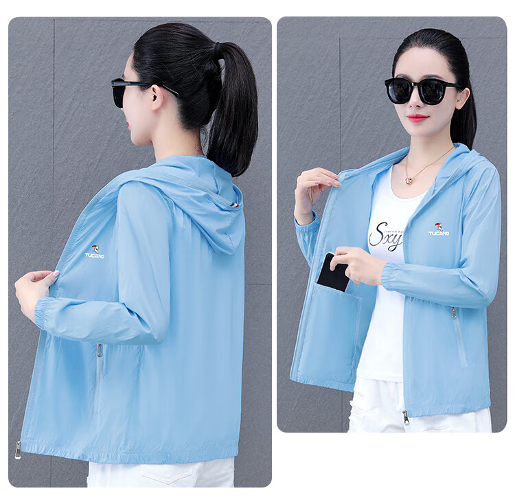 Woodpecker Women's Ice Silk Sun Protection Jacket Summer Hooded Breathable UV Protection Outdoor Sunscreen Coat Blue L 23