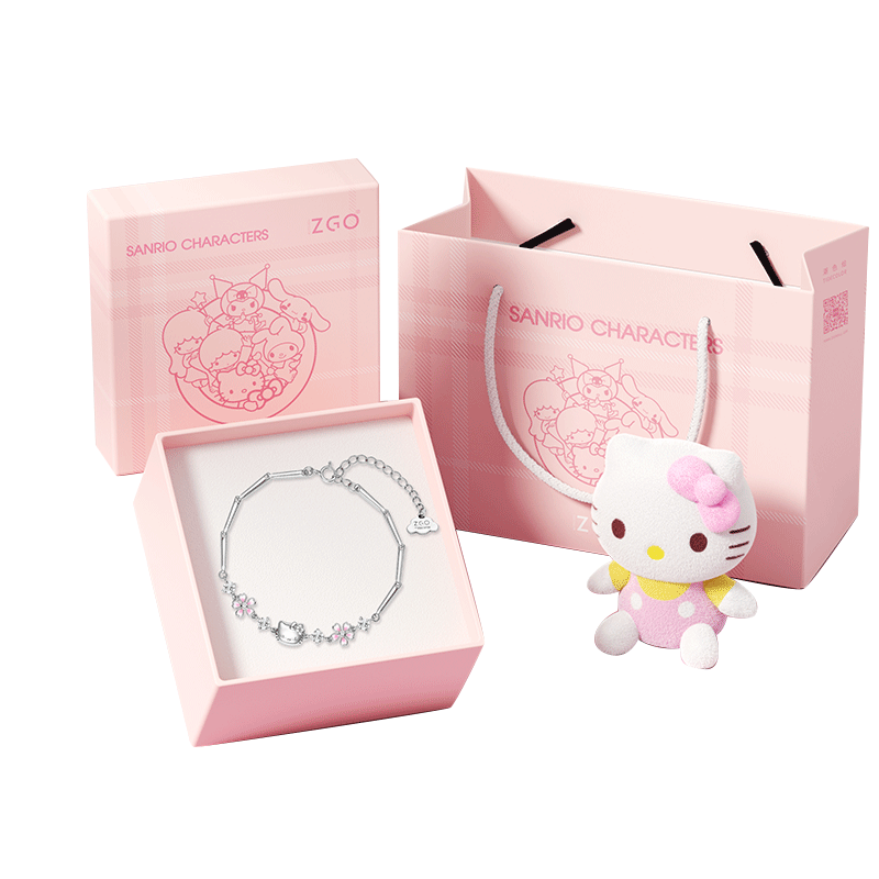Chaosehui Sanrio Hello Kitty Pure Silver Bracelet, Birthday Gift for Women, Ladies' Luxury Gift Box Set 6029