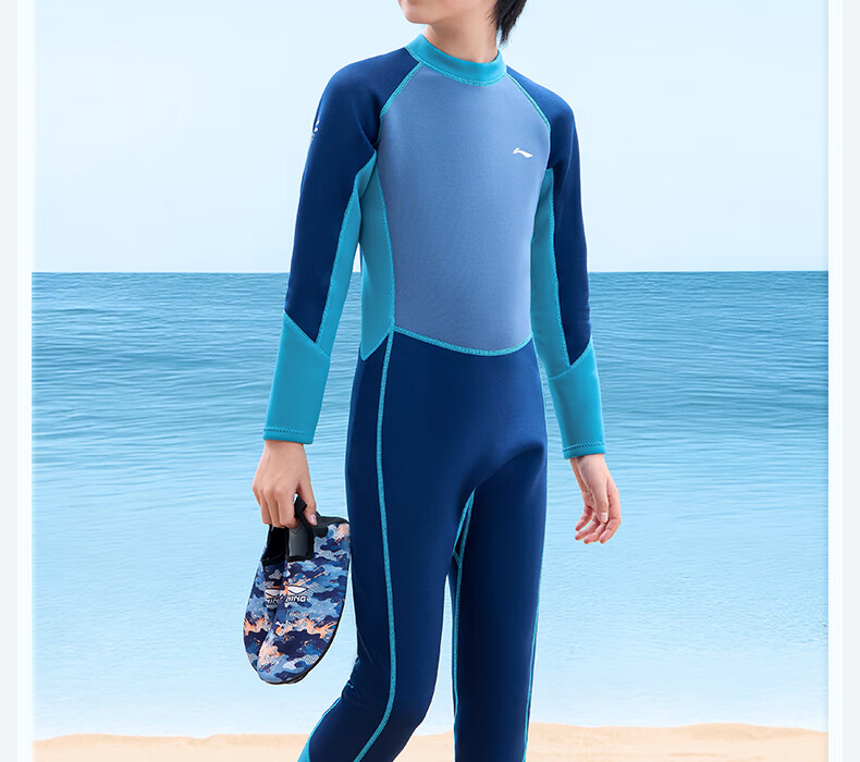 Li-Ning Children's Swimwear, Boys' Long-Sleeve And Long-Pants Thermal One-Piece, Professional Surfing Suit, Diving Swimming Equipment, 8071 Blue, Size 170 4