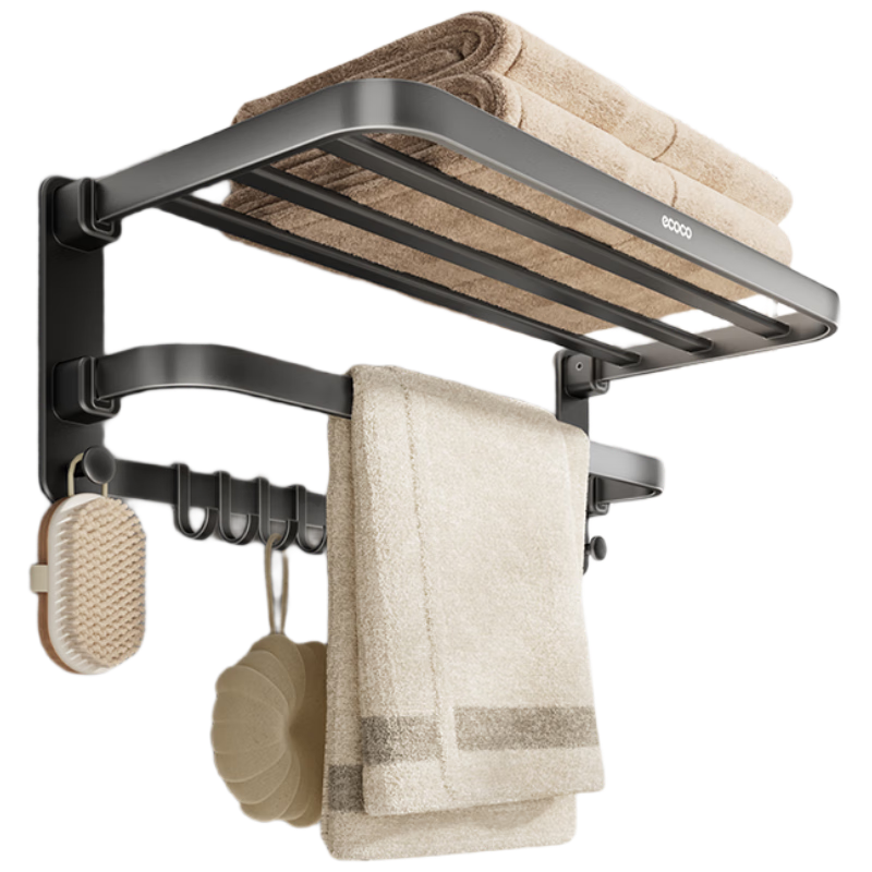 Ecoco Double-Layer Foldable No-Drill Towel Rack with Hooks Space Aluminum Bathroom Clothes and Towel Holder 25046 Dark Gray