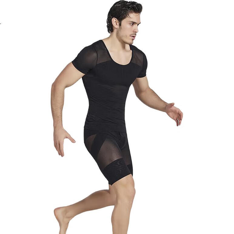 LangSha Men's Short Sleeve Shapewear Shirt, Tummy Control, Beer Belly Reduction, Thin Breathable, Tight-Fitting Men's Body Shaper, High Elasticity Chest Binder And Shoulder Expander